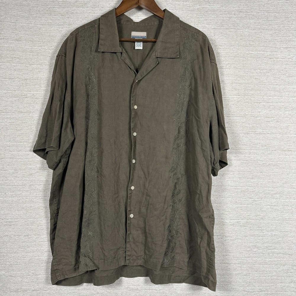 100% Linen Camp Shirt Men's XL Olive Embroidered Resort Beach Breakwater Floral